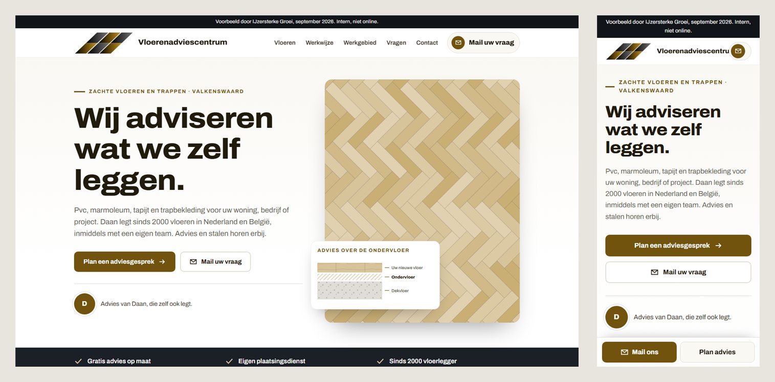Eerste scherm van de voorbeeldsite voor Vloerenadviescentrum op laptop en telefoon